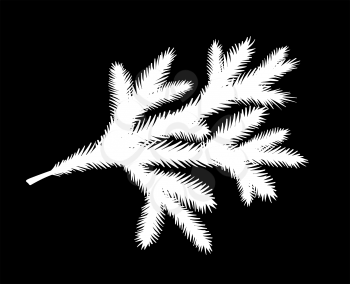 Vector illustration of white fir tree brunch silhouette isolated on black background.