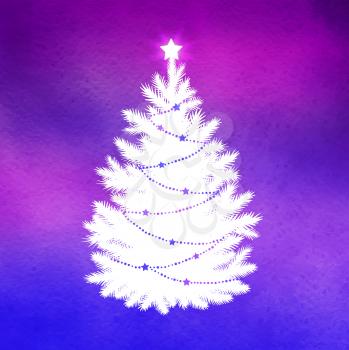 Vector illustration of  white silhouette of Christmas tree on neon purple colored background.
