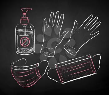 Vector red and white chalk drawn illustration collection of sanitizer bottle, face masks and rubber gloves on black chalkboard background.