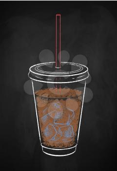 Disposable takeaway coffee cup with iced coffee isolated on black chalkboard background. Vector chalk drawn sideview grunge illustration.