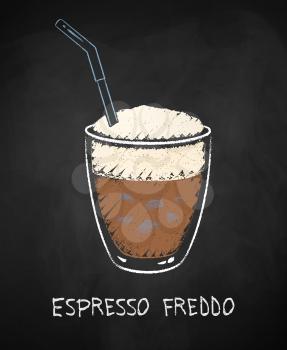Espresso Freddo coffee glass isolated on black chalkboard background. Vector chalk drawn sideview grunge illustration.