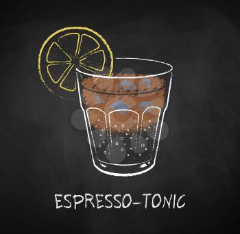 Espresso tonic coffee glass isolated on black chalkboard background. Vector chalk drawn sideview grunge illustration.