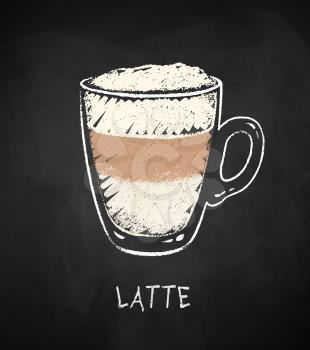 Latte coffee cup isolated on black chalkboard background. Vector chalk drawn sideview grunge illustration.