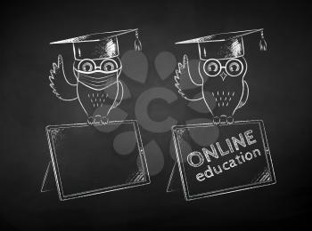 Vector chalk drawn black and white illustrations of student owl sitting on digital tablet with and without face mask on chalkboard background.
