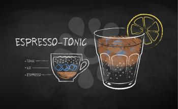 Vector chalk drawn infographic illustration of Espresso-Tonic coffee recipe on chalkboard background.