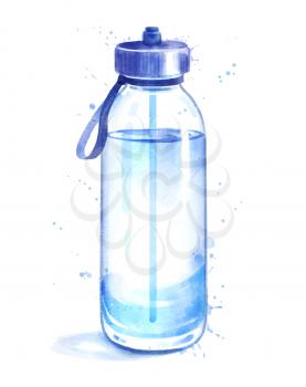 Watercolor vector isolated illustration of reusable bottle of water for fitness. Realistic hand drawn art with paint smudges and splashes.