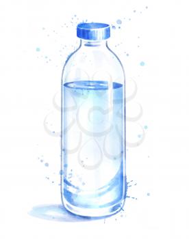 Watercolor vector isolated illustration of reusable glass bottle of water. Realistic hand drawn art with paint smudges and splashes.