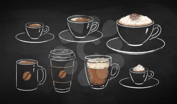 Collection of coffee cups isolated on black chalkboard background. Vector chalk drawn sideview grunge illustrations.