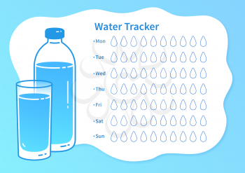 Vector template of water tracker with illustration of glass and bottle