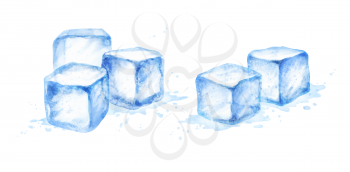 Watercolor vector isolated illustration of ice cubes. Realistic hand drawn art with paint splashes.