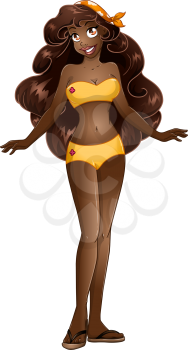Vector illustration of an african woman in yellow swimsuit and sandals.