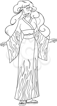 Vector illustration coloring page of an african woman in traditional japanese kimono.