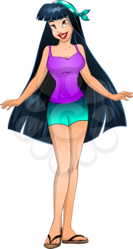 Vector illustration of an asian teenage girl in tanktop and short pants.
