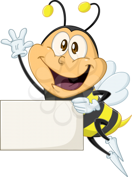 Vector illustration of a cute flying bee holds sign and waves