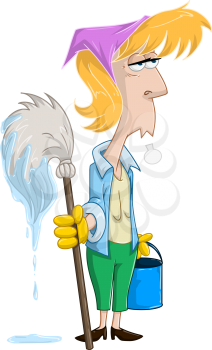 Vector illustration of a tired blond woman holding mop and bucket.