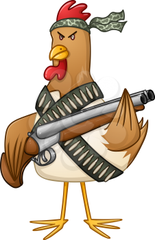 Vector illustration of a mad rooster with shotgun and bullets.