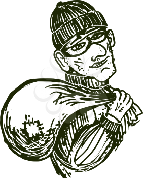 hand drawn, cartoon, sketch illustration of Thief with bag