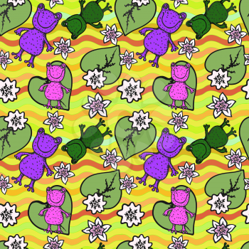 Vector graphics, artistic, stylized image of frogs and flowers on the waves seamless pattern
