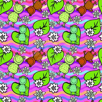 Vector graphics, artistic, stylized image of frogs and flowers on the waves seamless pattern
