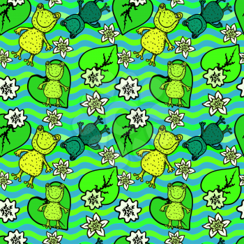 Vector graphics, artistic, stylized image of frogs and flowers on the waves seamless pattern