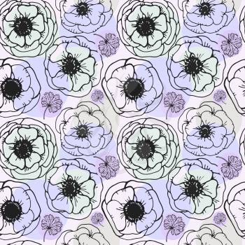 Vector graphic, artistic, stylized image of seamless pattern with flowers anemones