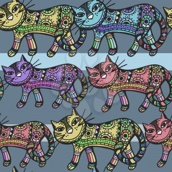 Vector graphic, artistic, stylized image of Seamless pattern with decorative cat image