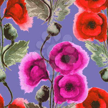 Vector graphic, artistic, stylized image of seamless pattern watercolor poppies
