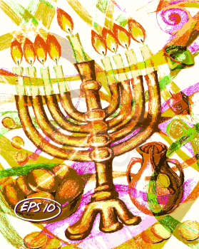 Vector graphic, artistic, stylized image of  cartoon, illustration of Jewish holiday of Hanukkah
