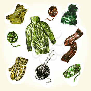 Vector graphic, artistic, set of images for the design of knitted things and balls of yarn with spokes. nitted hat and scarf, gloves and socks.