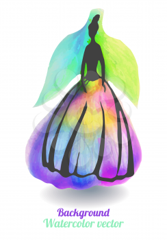 Female silhouette in a beautifully long dress against a background of watercolor flowers. Vector illustration. Eps10.