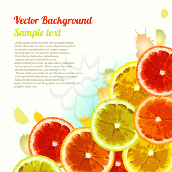 Vector greeting card, background with the image slices of orange, lemon, lime. Can be used to design advertising citrus. Space for text.
