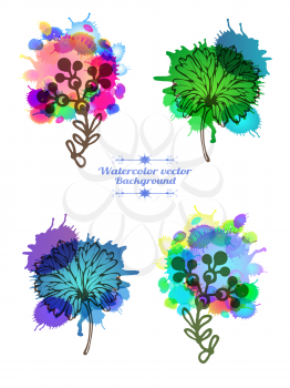 Vector graphic, artistic, Stylized set image of a flower on a background of ink droplets. The composition can be used to design T-shirt, clothes, dishes, advertising, business cards, greeting cards, i