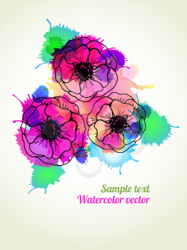 Vector graphic, artistic, Stylized image of a flowers poppies on a background of ink droplets. The composition can be used to design T-shirt, clothes, dishes, advertising, business cards, greeting car