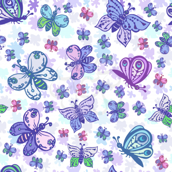 Seamless pattern in pastel colors with beautiful and colorful butterflies. Background can be used for fabric design, wallpaper, wrapping paper, children's clothing, bed linen.