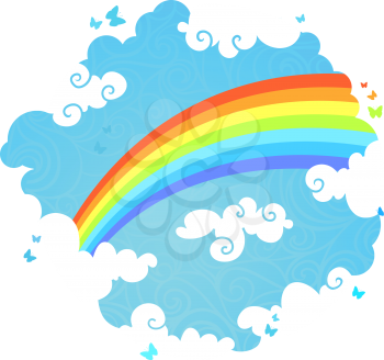 Illustration of rainbow, blue sky, white clouds and flying butterflies with blank place for your text.