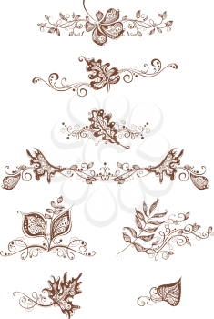 Ornate design elements, vintage page decorations and dividers, flourishes. Isolated on white background.