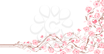 Hand-drawn ornate flowers in bloom on a branch. There is place for your text on white area.