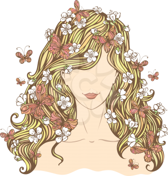 Illustration of woman with flowers and butterflies in her hair isolated on white background.