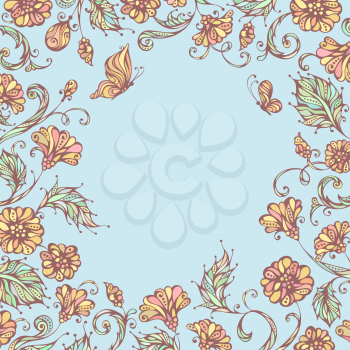 Pastel ornate flowers and butterflies. There is blank place for your text in the center.