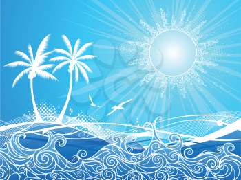 Tropical illustration with palms, ocean and summer sun.