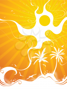 Sunshine illustration with palms, sun, gulls and place for your text. 
