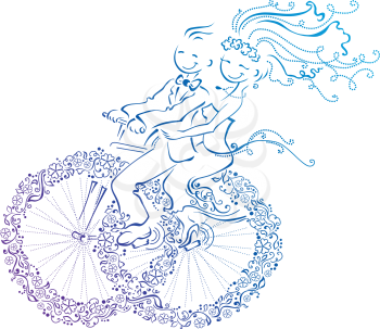 Abstract illustration of bride and groom. They go on a bicycle from wedding rings.