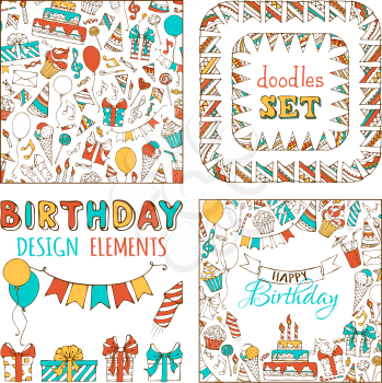 Seamless pattern, garland frames, square background and various design elements on white background.