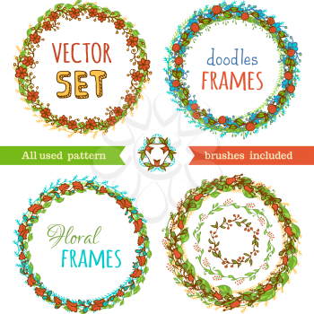 Hand-drawn various circle frames isolated on white background. There is place for text in the center of frame. Can be used for birthday cards and wedding invitations. 