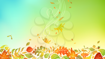 Bright autumn background with place for your text. Birch, elm, oak, rowan, maple, chestnut and aspen leaves. Mesh background.
