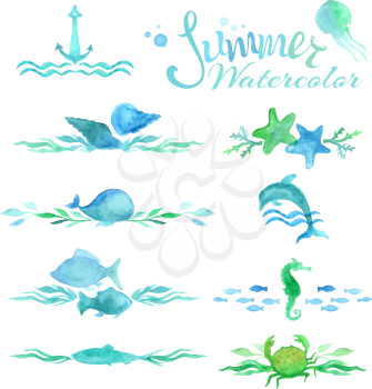 Various fish, starfish, crab, whale, shell, sea horse, jellyfish, dolphin, turtle, seaweed, anchor, waves isolated on white background. 