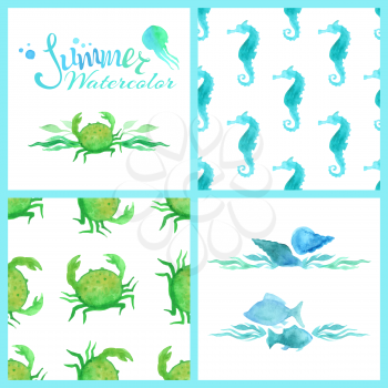 Summer lettering, blue and green watercolour fish, sea horse, jellyfish, crab, shell, seaweed on white background.  Boundless pattern can be used for web page backgrounds, wallpapers, wrapping papers,