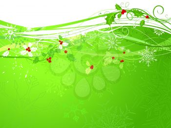 Background with holly berries and snowflakes. There is copy space for your text. 