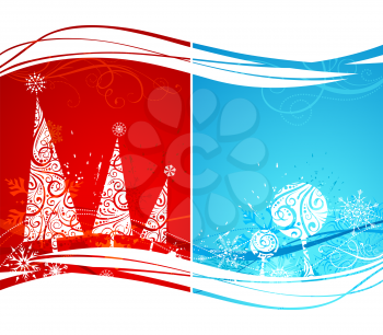 Red and blue grunge Christmas backgrounds with ornate firs and trees. Where is copy space for your text.
