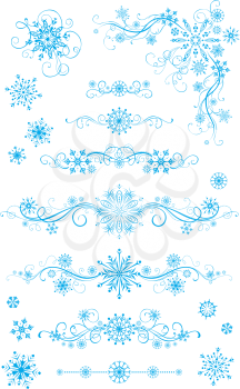 Blue ornate design elements with vintage snowflakes.